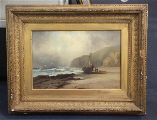 Gustav de Breanski (c.1856-1898) Coastal scene with beached fishing boat 12 x 18in.